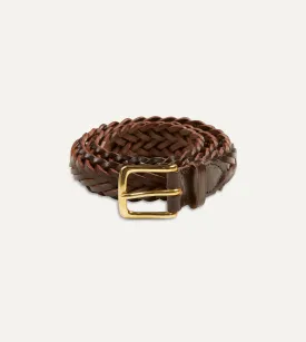 Brown Plaited Bridle Leather Belt with Brass Buckle