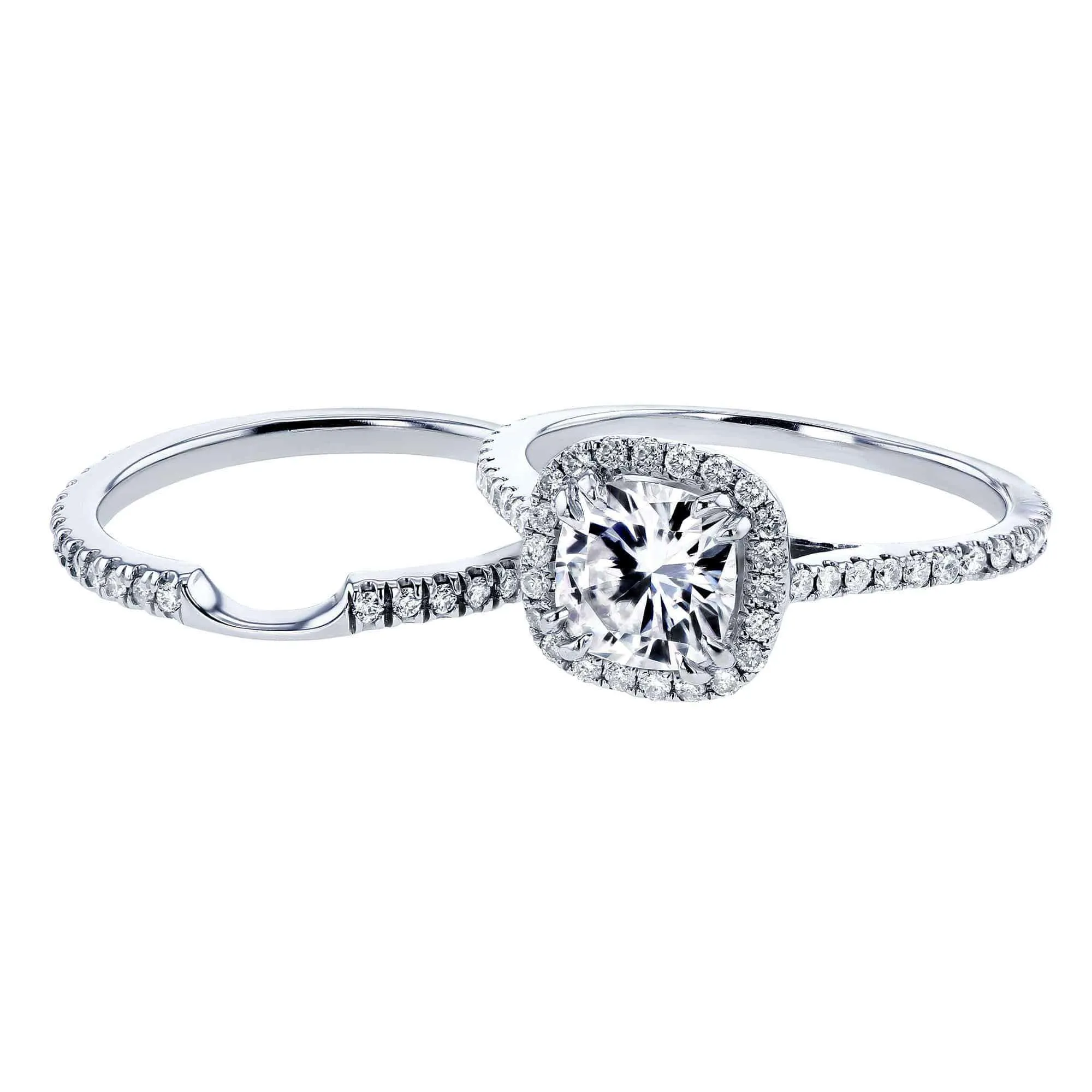 1-1/2ct.tw Cushion Halo Notched Band Bridal Set - Moissanite & Natural Diamonds