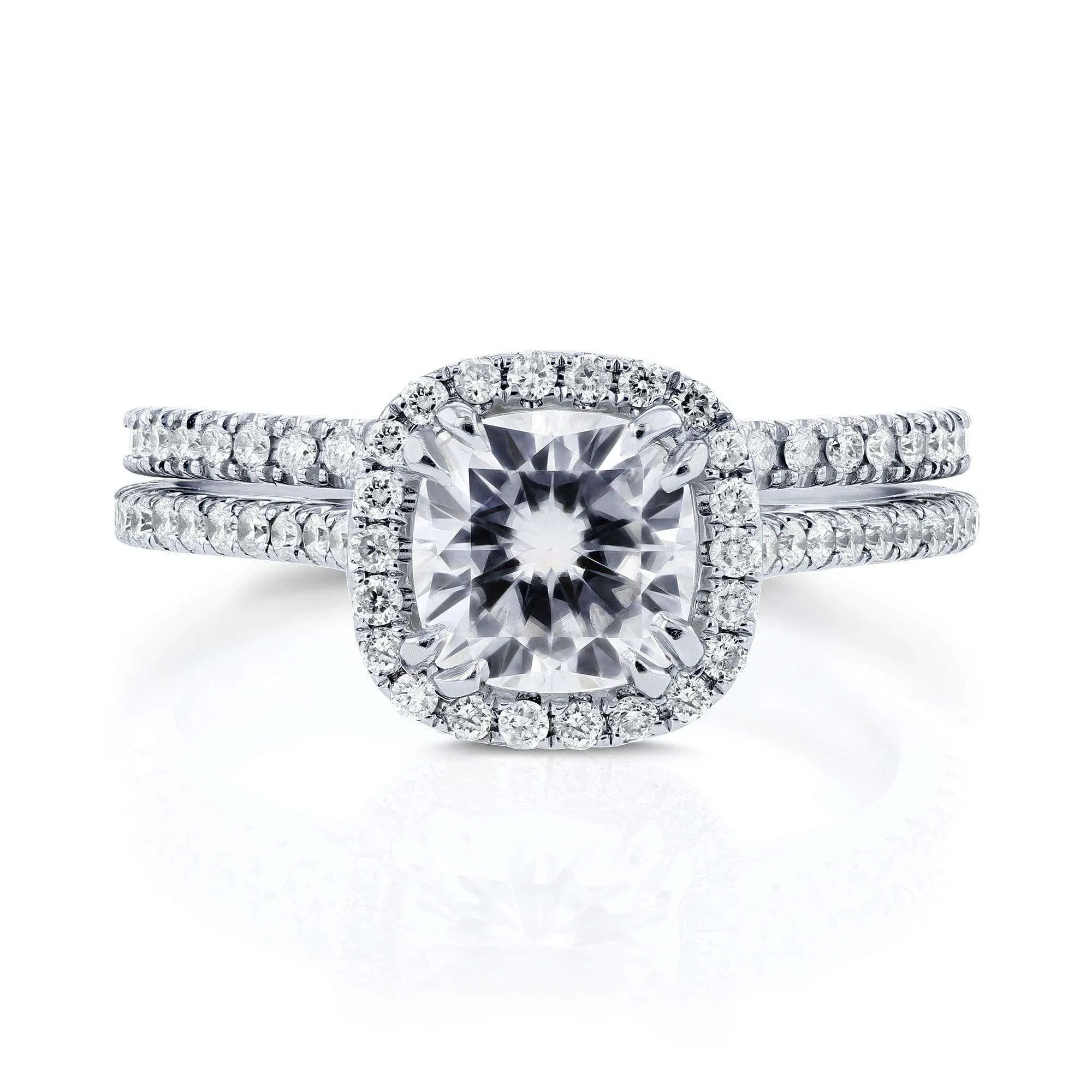 1-1/2ct.tw Cushion Halo Notched Band Bridal Set - Moissanite & Natural Diamonds