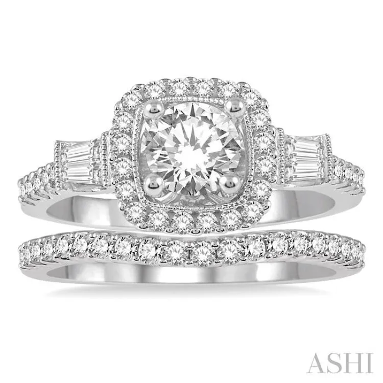 1 1/3 Ctw Diamond Wedding Set with 1 1/10 Ctw Round Cut Engagement Ring and 1/5 Ctw Wedding Band in 14K White Gold