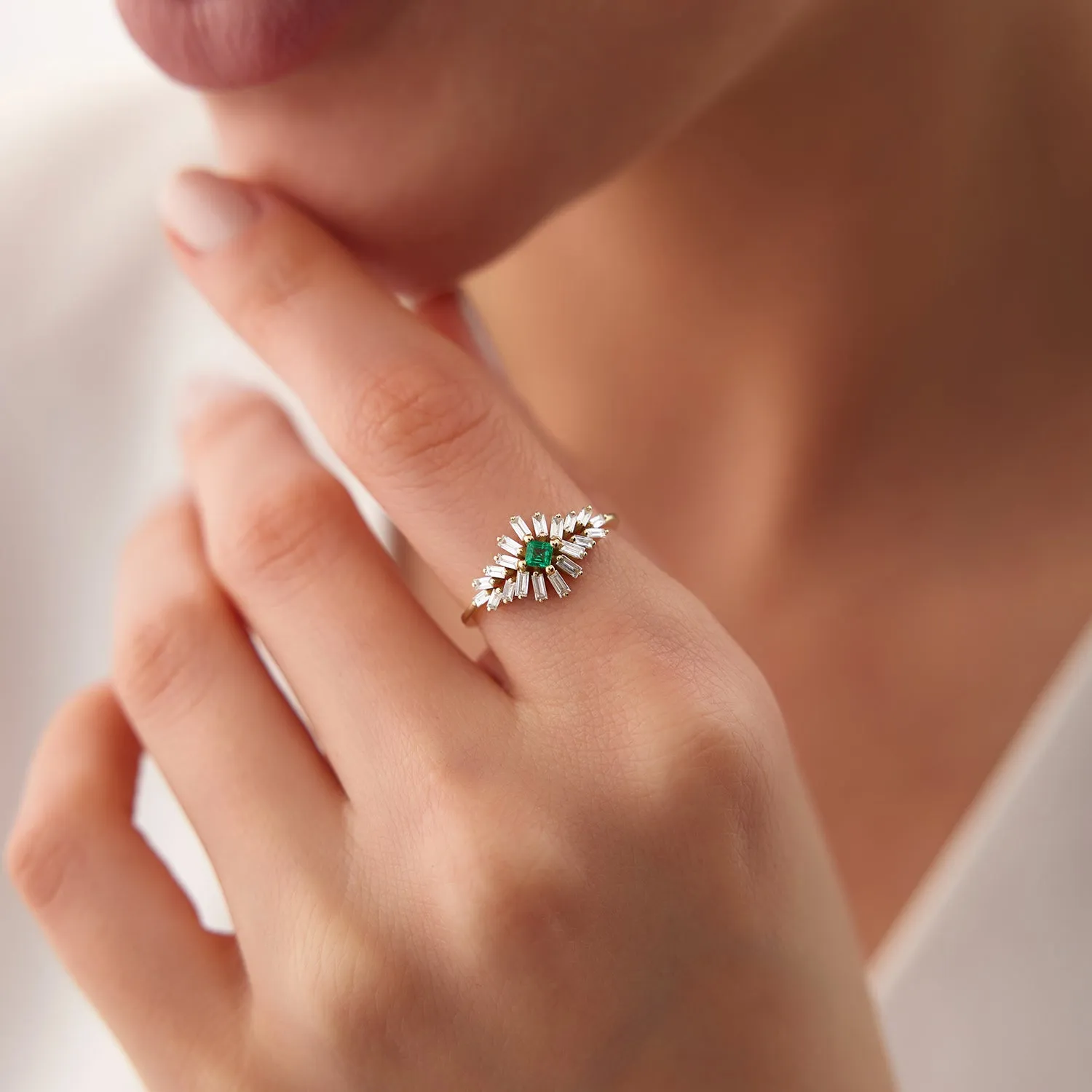 14K Baguette Diamond Ring with a Square Emerald