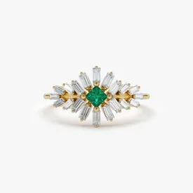 14K Baguette Diamond Ring with a Square Emerald