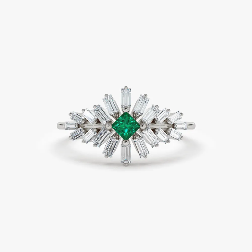 14K Baguette Diamond Ring with a Square Emerald