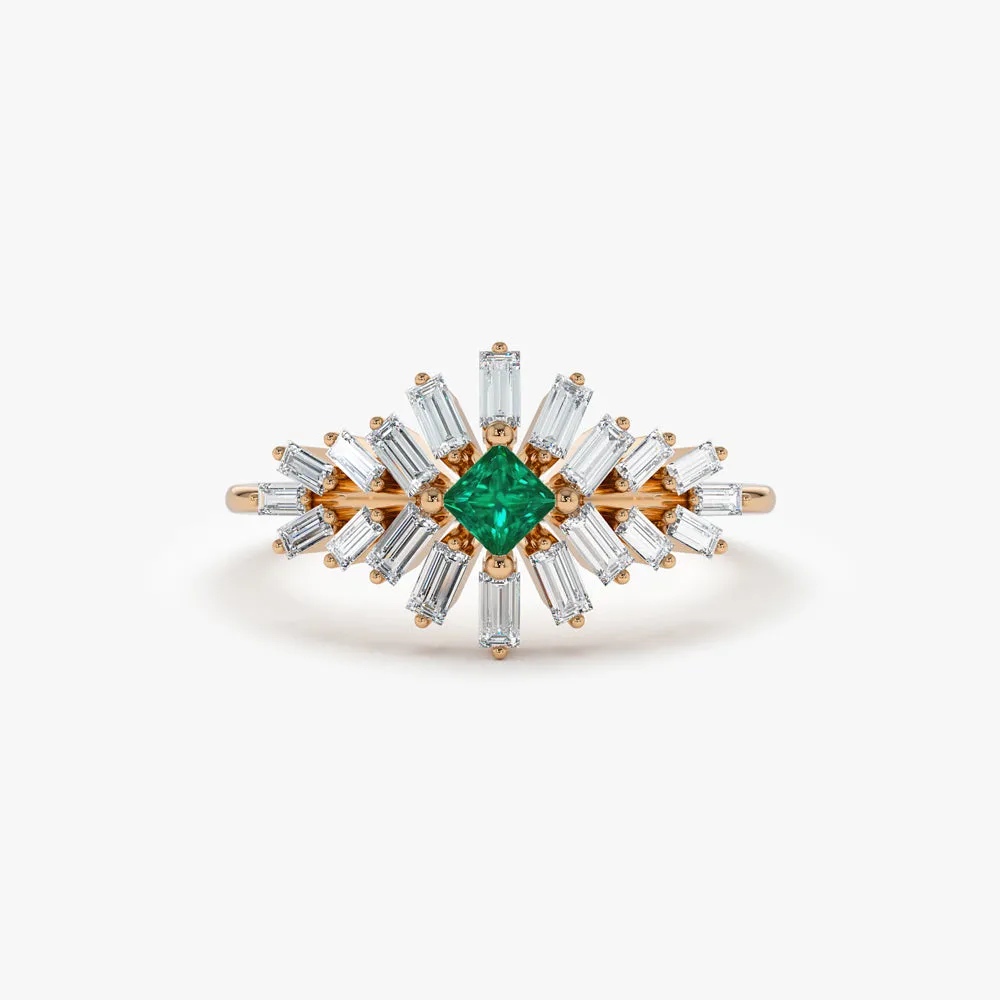 14K Baguette Diamond Ring with a Square Emerald