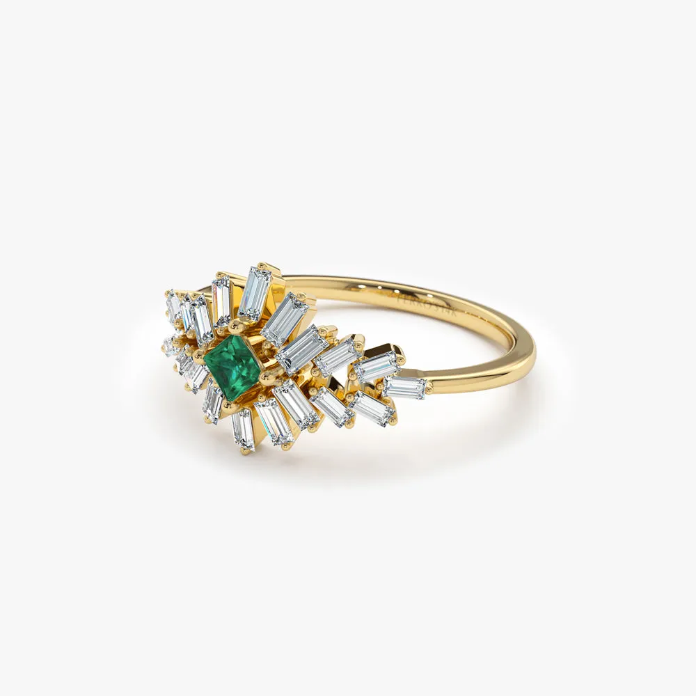 14K Baguette Diamond Ring with a Square Emerald