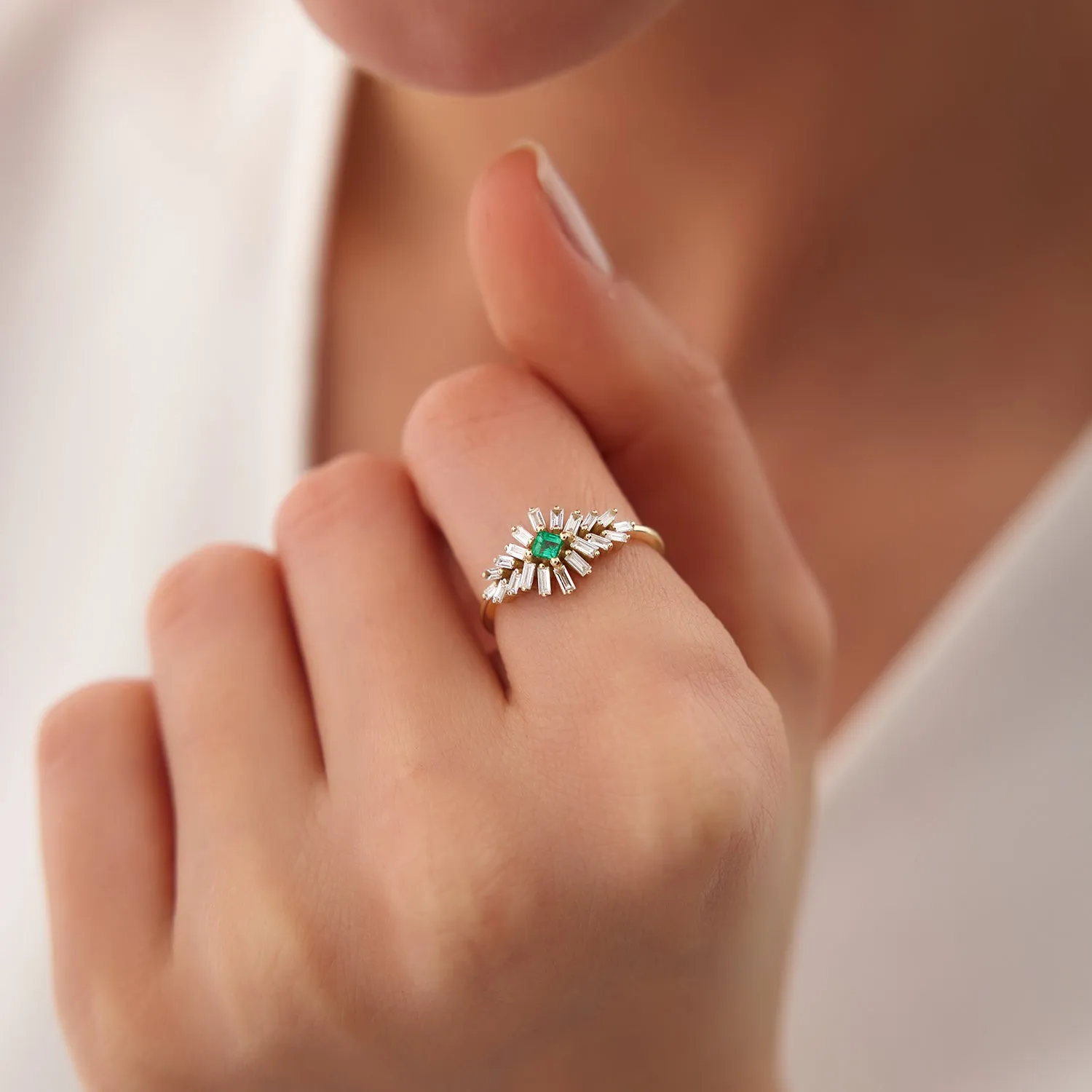 14K Baguette Diamond Ring with a Square Emerald