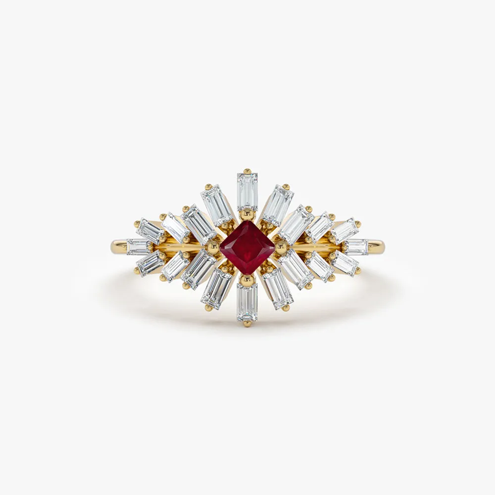 14K Baguette Diamond Ring with a Square Ruby