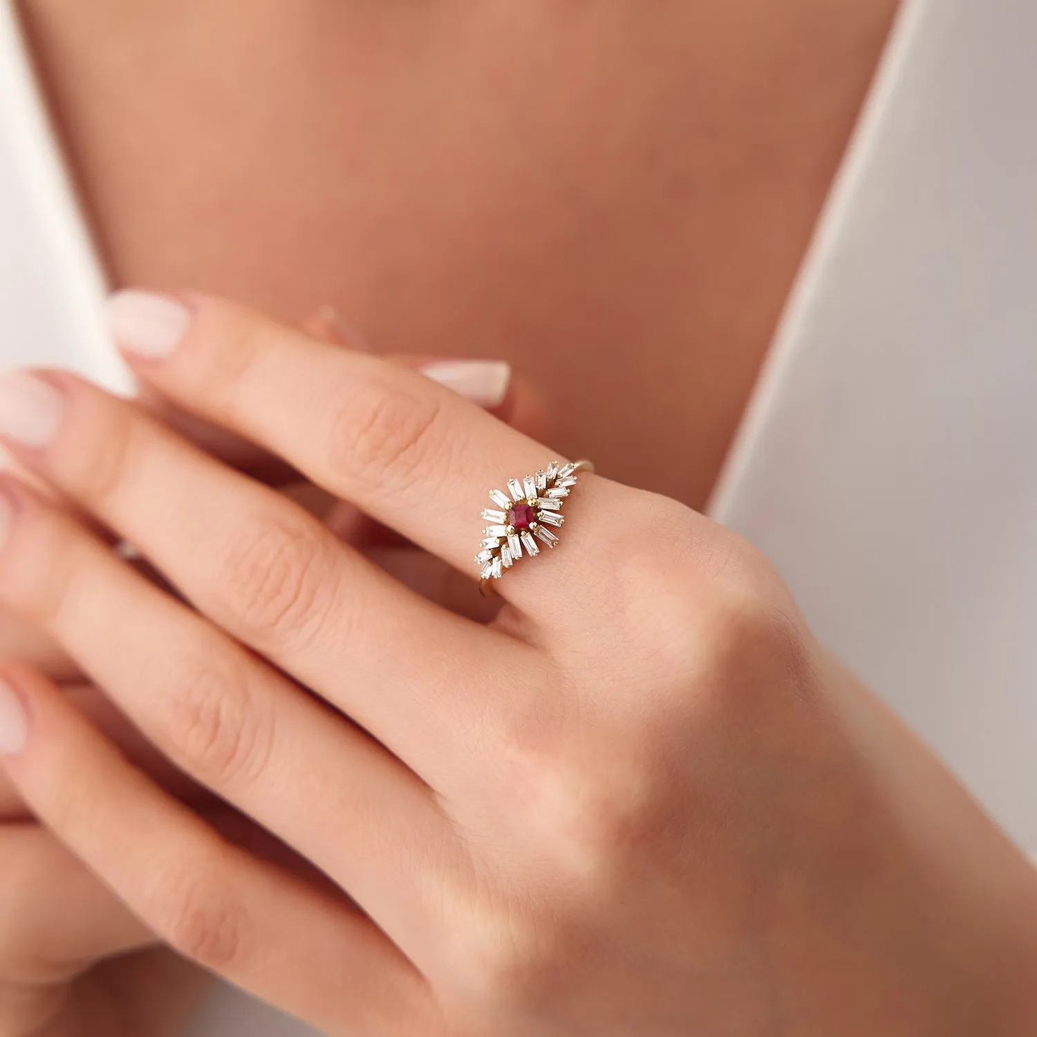 14K Baguette Diamond Ring with a Square Ruby