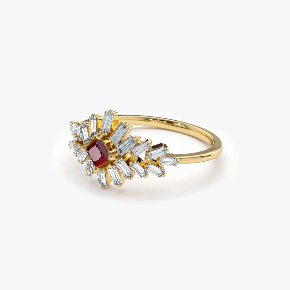 14K Baguette Diamond Ring with a Square Ruby