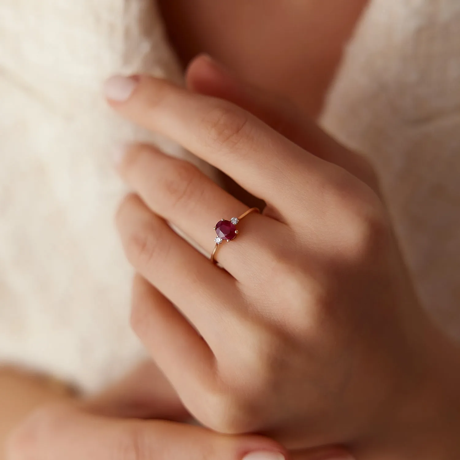 14k Oval Shape Ruby and Diamond 3 Stone Ring