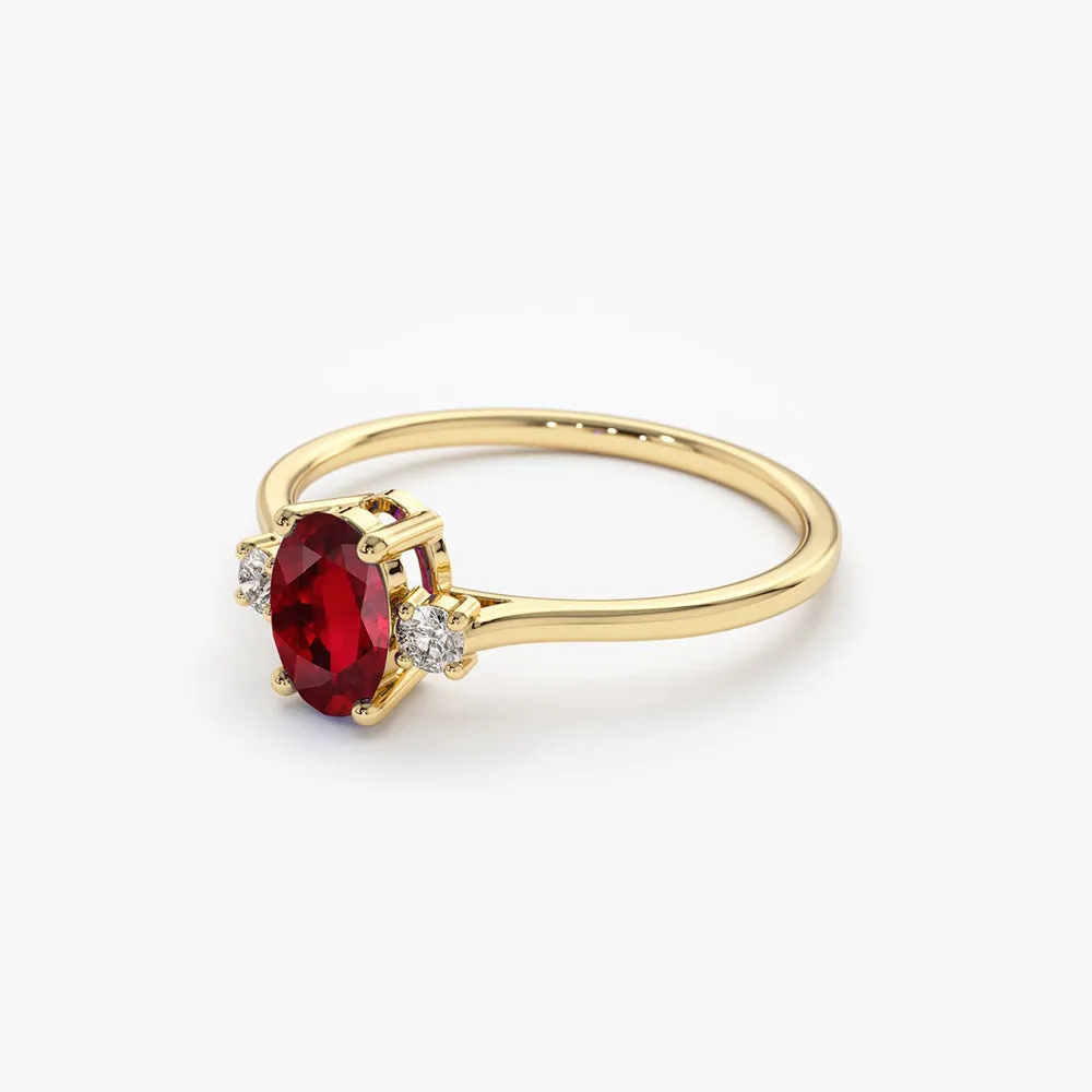 14k Oval Shape Ruby and Diamond 3 Stone Ring