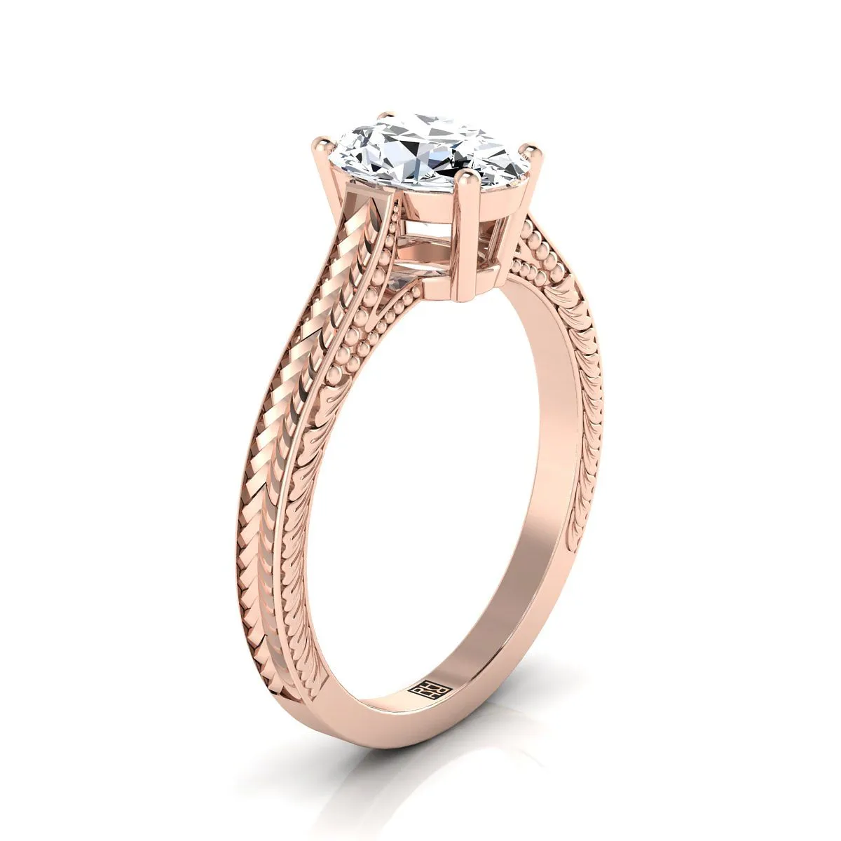 14K Rose Gold Oval Morganite Hand Engraved Vintage Cathedral Style Solitaire Engagement Ring