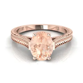 14K Rose Gold Oval Morganite Hand Engraved Vintage Cathedral Style Solitaire Engagement Ring