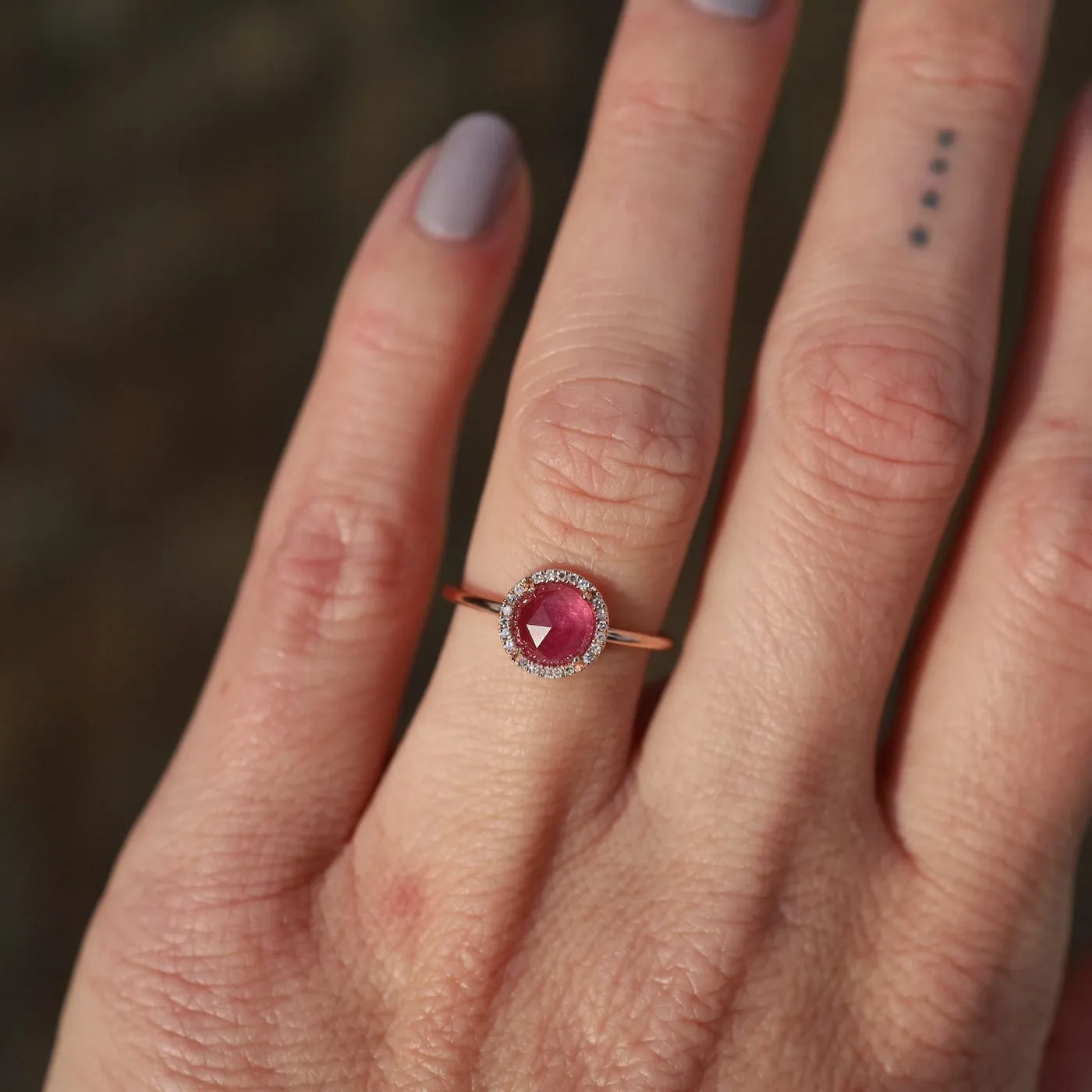 14k Rose Gold Rose Cut Pink Tourmaline Ring with Diamond Halo