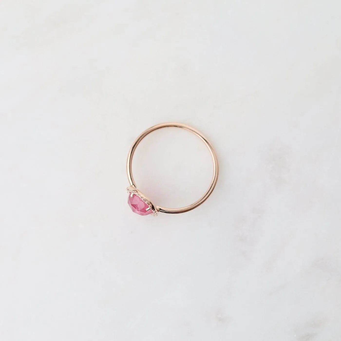 14k Rose Gold Rose Cut Pink Tourmaline Ring with Diamond Halo