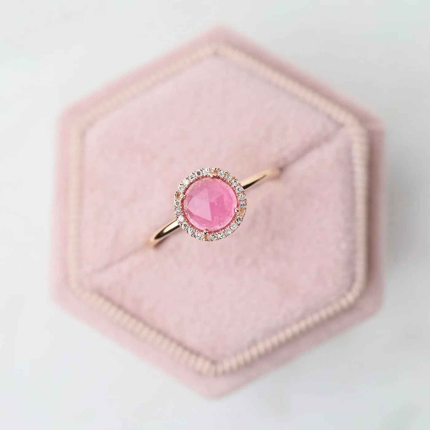 14k Rose Gold Rose Cut Pink Tourmaline Ring with Diamond Halo