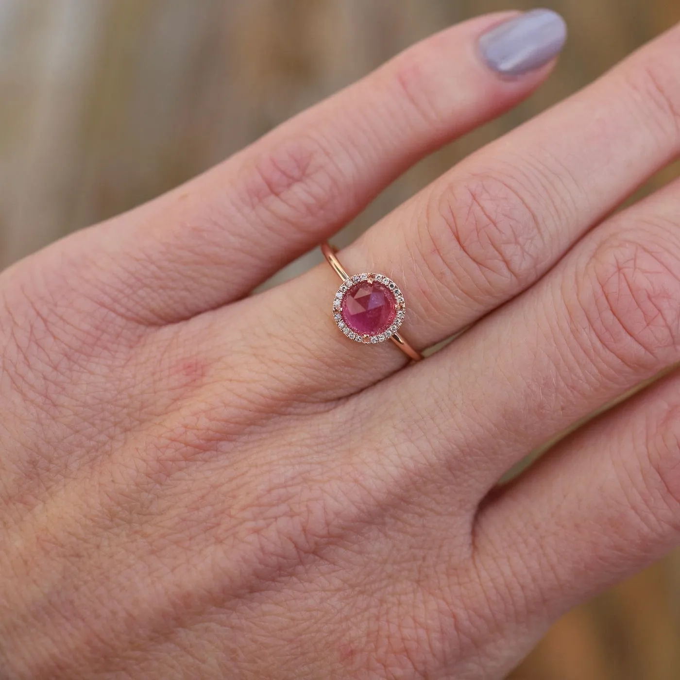 14k Rose Gold Rose Cut Pink Tourmaline Ring with Diamond Halo