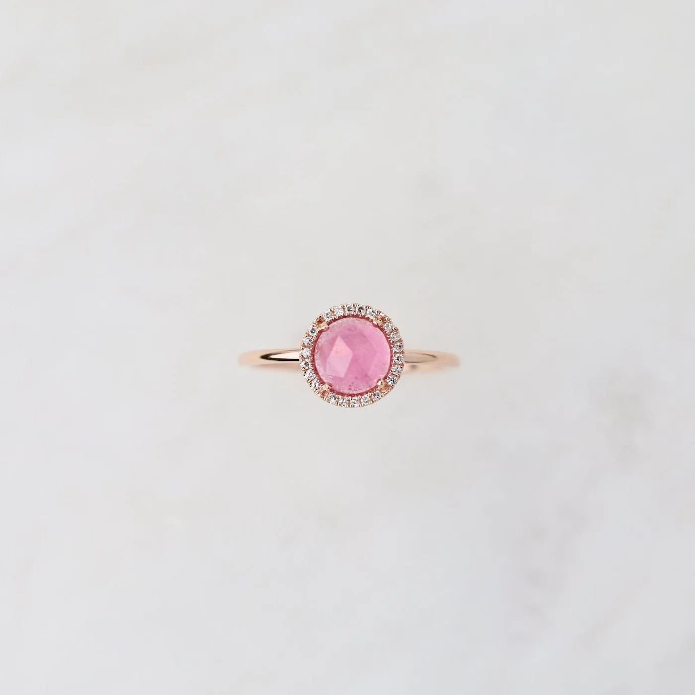 14k Rose Gold Rose Cut Pink Tourmaline Ring with Diamond Halo