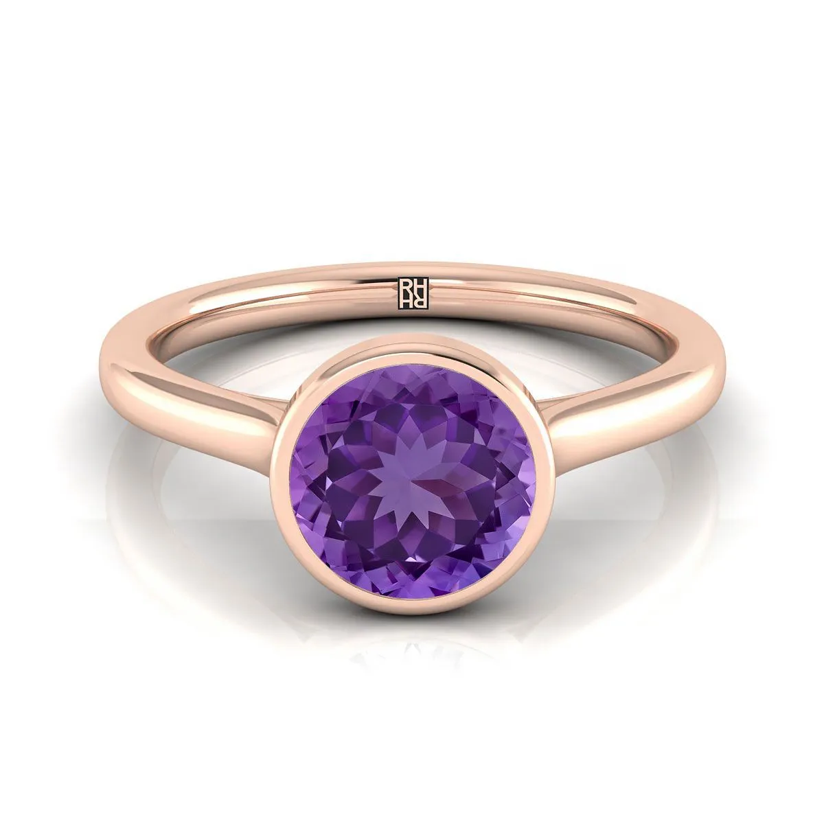 14K Rose Gold Round Brilliant Amethyst Simple Bezel Solitaire Engagement Ring