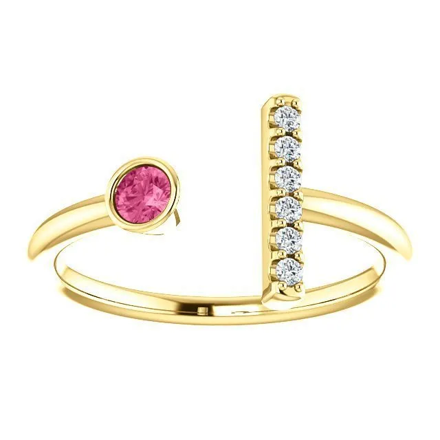 14KT GOLD 0.12 CT PINK TOURMALINE & 0.05 CTW DIAMOND BAR RING