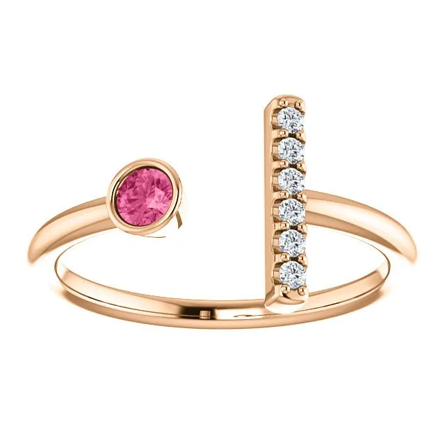 14KT GOLD 0.12 CT PINK TOURMALINE & 0.05 CTW DIAMOND BAR RING