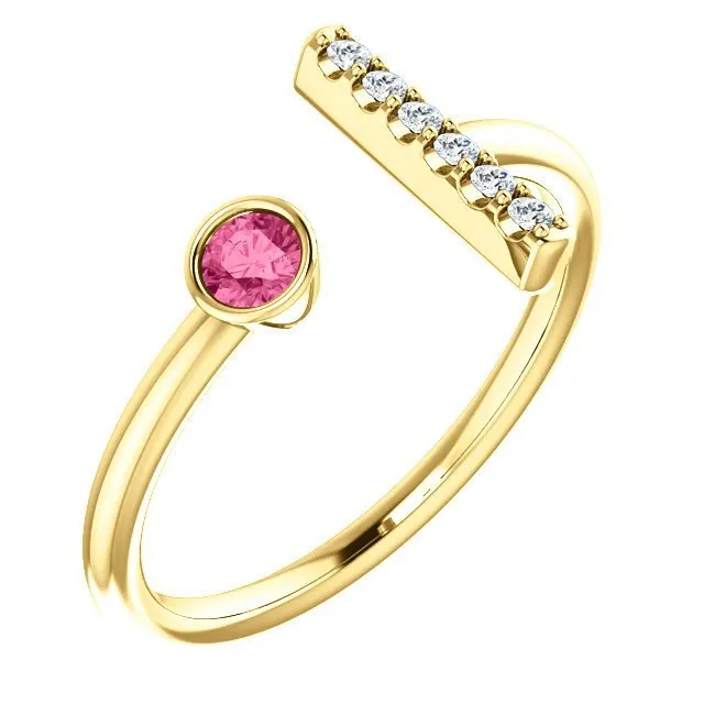 14KT GOLD 0.12 CT PINK TOURMALINE & 0.05 CTW DIAMOND BAR RING