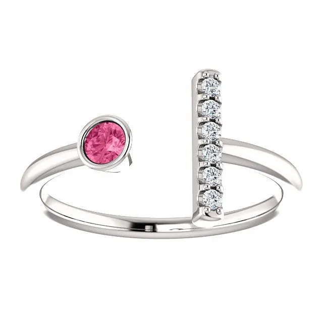 14KT GOLD 0.12 CT PINK TOURMALINE & 0.05 CTW DIAMOND BAR RING