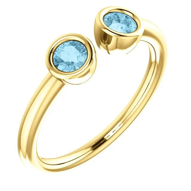 14KT GOLD 0.32 CTW AQUAMARINE 2 STONE BEZEL-SET CUFF RING