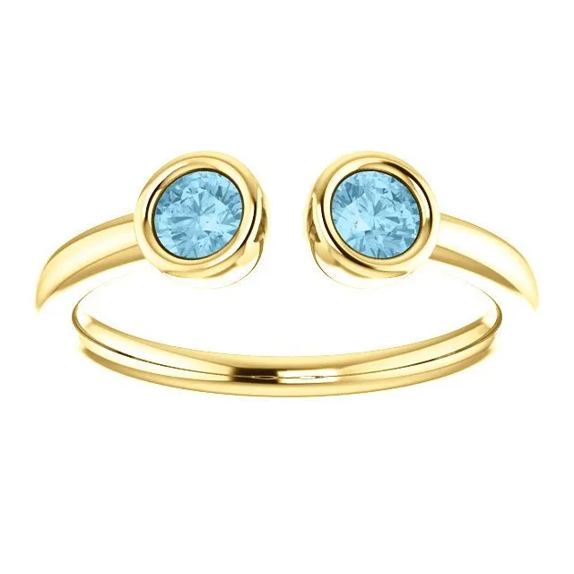 14KT GOLD 0.32 CTW AQUAMARINE 2 STONE BEZEL-SET CUFF RING