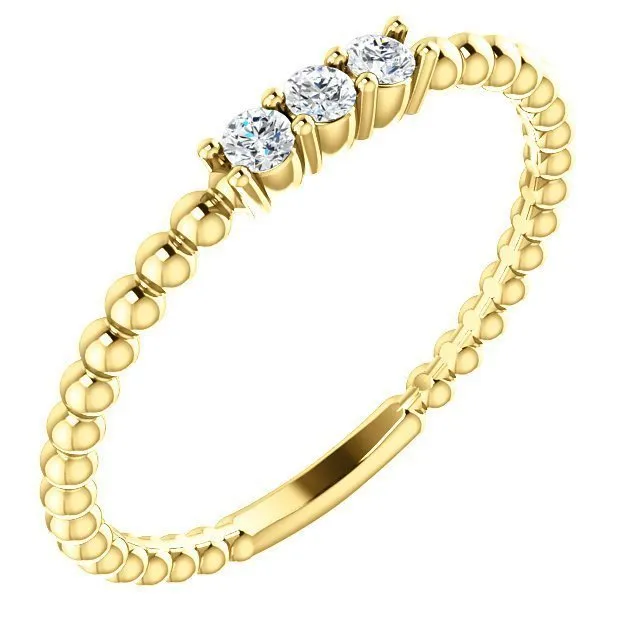 14KT Gold 1/10 CTW Diamond 3 Stone Beaded Stackable Ring