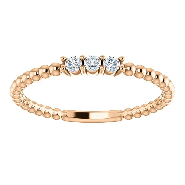 14KT Gold 1/10 CTW Diamond 3 Stone Beaded Stackable Ring