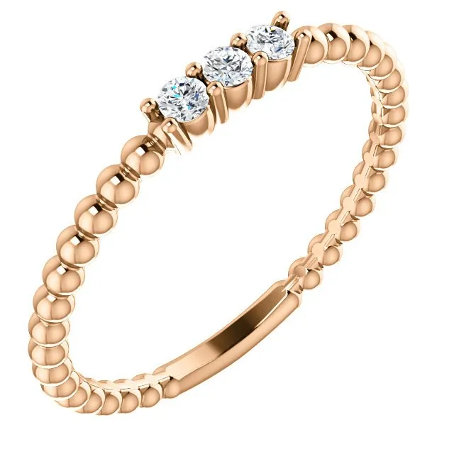 14KT Gold 1/10 CTW Diamond 3 Stone Beaded Stackable Ring