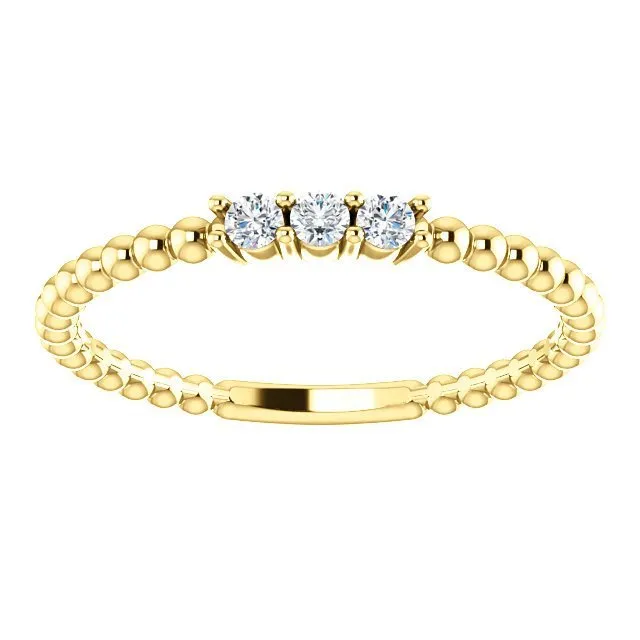 14KT Gold 1/10 CTW Diamond 3 Stone Beaded Stackable Ring