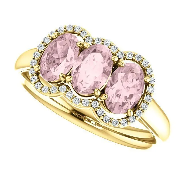 14KT GOLD 1.20 CTW MORGANITE & .10 CTW DIAMOND 3 STONE OVAL HALO RING