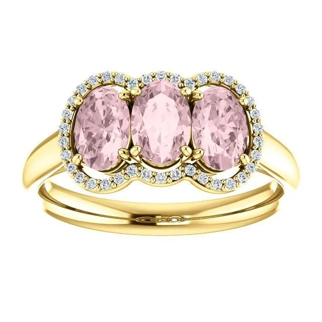 14KT GOLD 1.20 CTW MORGANITE & .10 CTW DIAMOND 3 STONE OVAL HALO RING