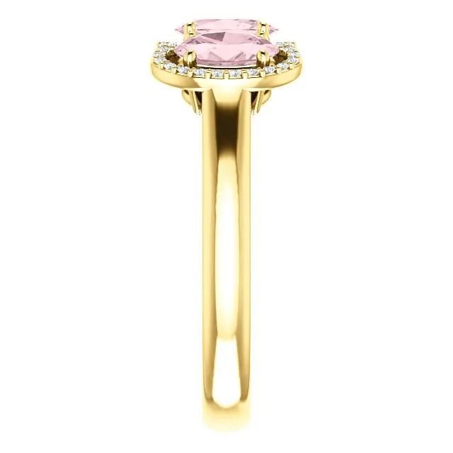 14KT GOLD 1.20 CTW MORGANITE & .10 CTW DIAMOND 3 STONE OVAL HALO RING