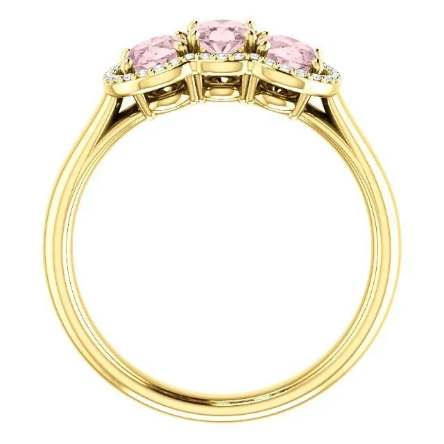 14KT GOLD 1.20 CTW MORGANITE & .10 CTW DIAMOND 3 STONE OVAL HALO RING