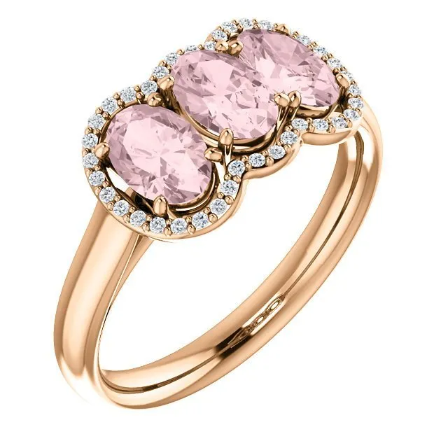 14KT GOLD 1.20 CTW MORGANITE & .10 CTW DIAMOND 3 STONE OVAL HALO RING