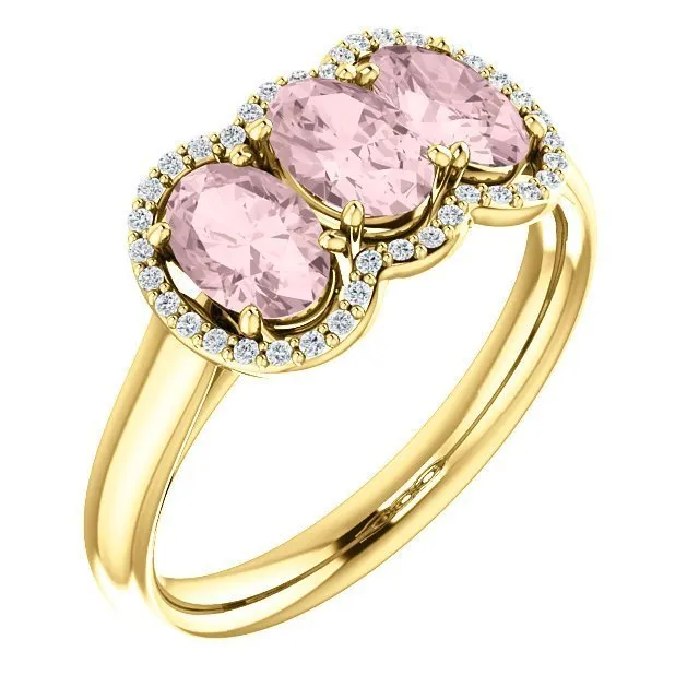 14KT GOLD 1.20 CTW MORGANITE & .10 CTW DIAMOND 3 STONE OVAL HALO RING