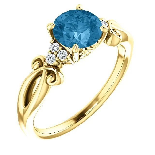 14KT GOLD 1.30 CT SWISS BLUE TOPAZ & 0.06 CTW DIAMOND ACCENT RING