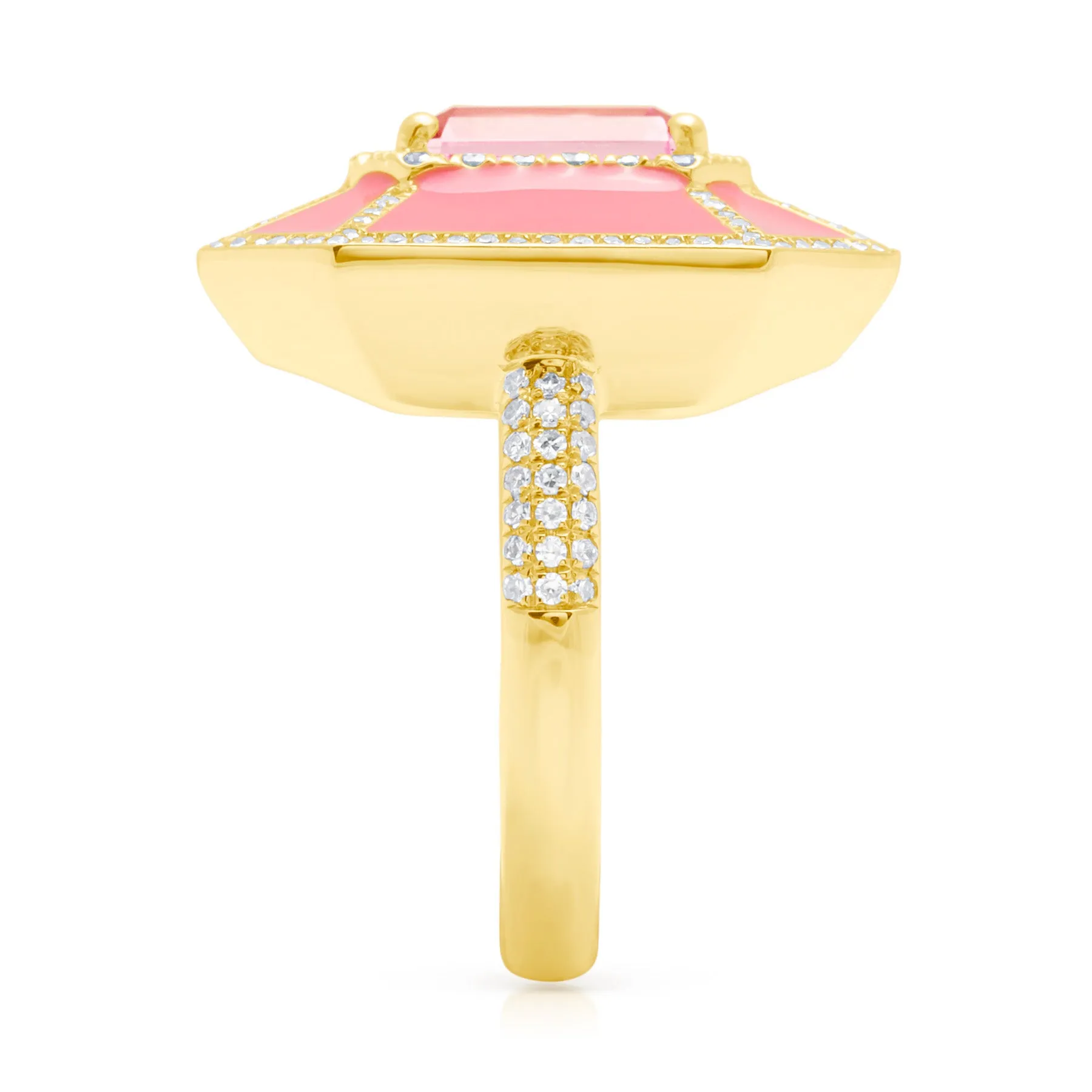 18KT Yellow Gold Pink Topaz Pink Enamel Diamond Deco Cocktail Ring