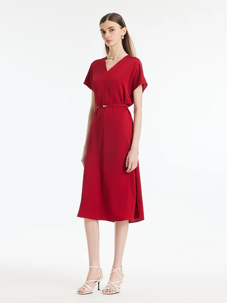 22 Momme Mulberry Silk V-Neck Women Midi Dress With Leather Belt