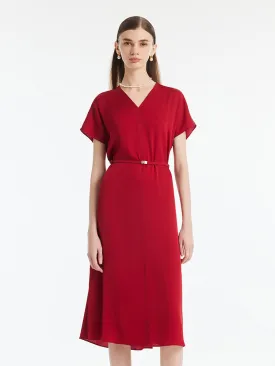 22 Momme Mulberry Silk V-Neck Women Midi Dress With Leather Belt