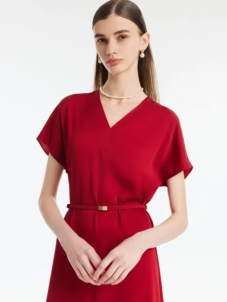 22 Momme Mulberry Silk V-Neck Women Midi Dress With Leather Belt