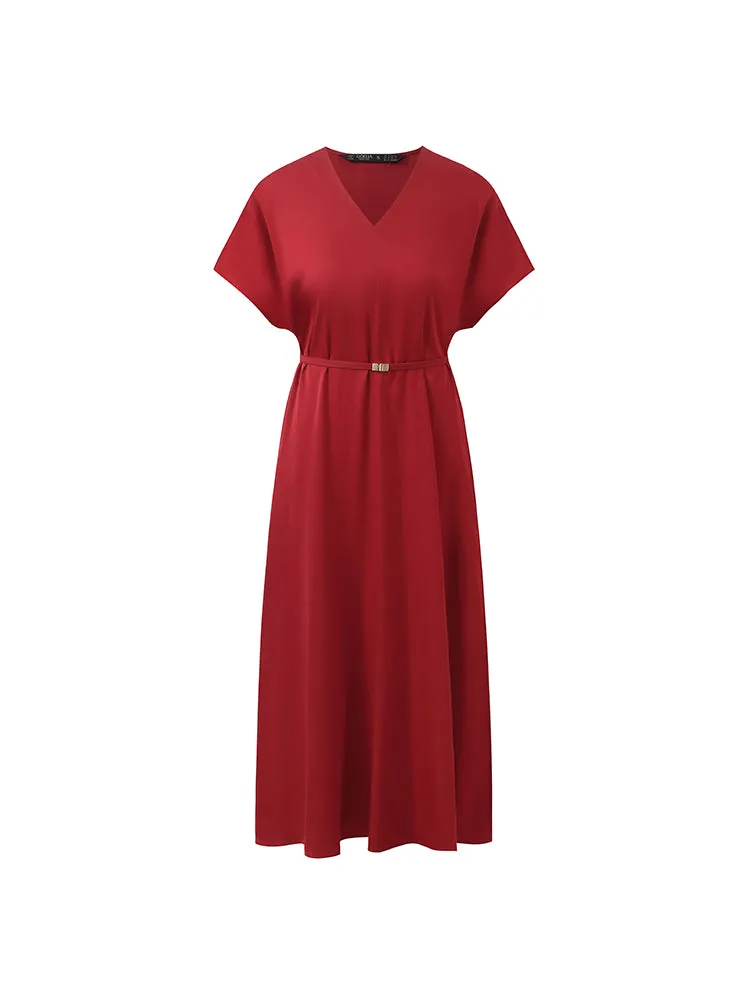 22 Momme Mulberry Silk V-Neck Women Midi Dress With Leather Belt