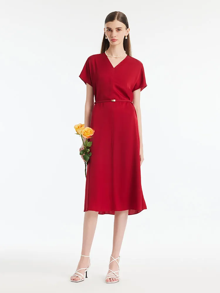 22 Momme Mulberry Silk V-Neck Women Midi Dress With Leather Belt