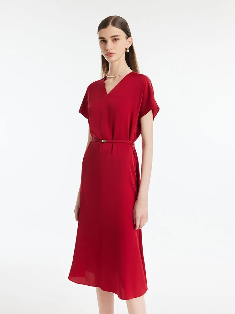 22 Momme Mulberry Silk V-Neck Women Midi Dress With Leather Belt