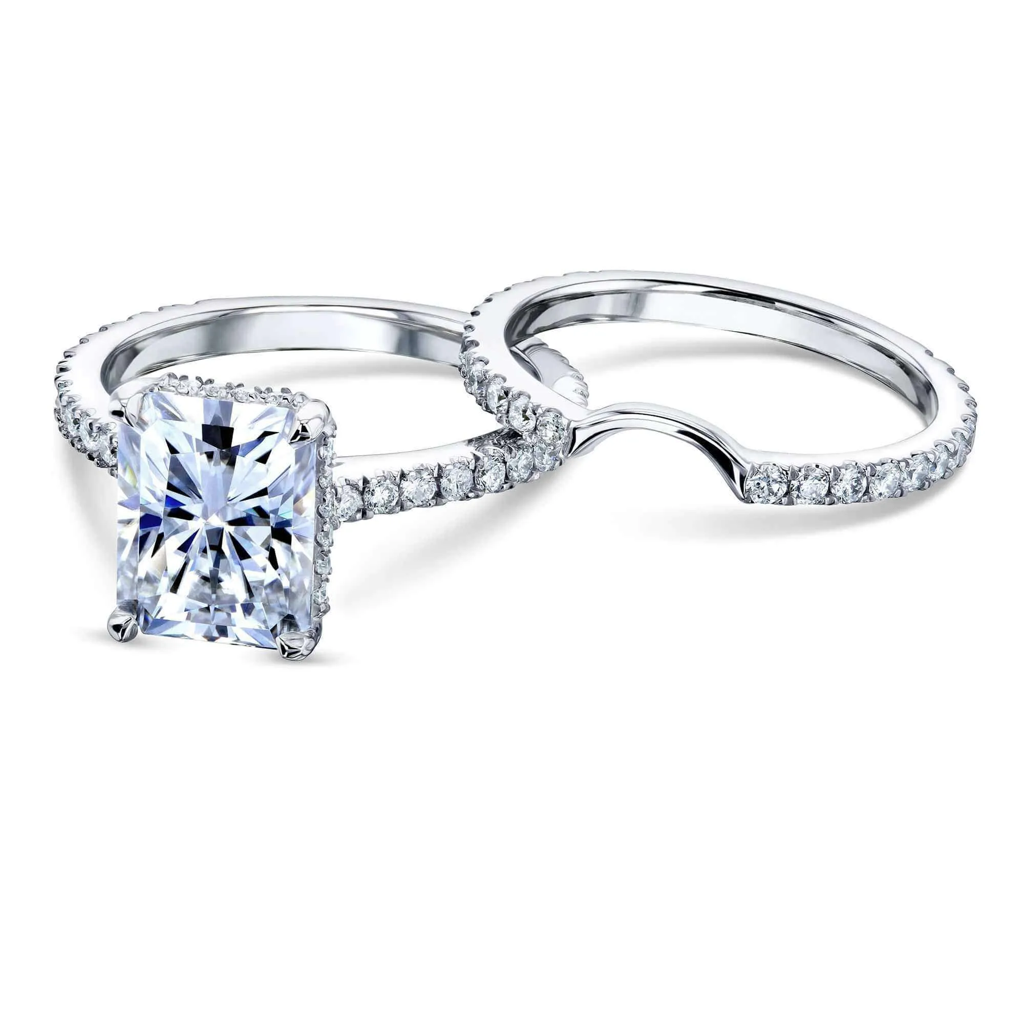 2.7ct Radiant Moissanite Drop Halo Bridal Set - Notched Band