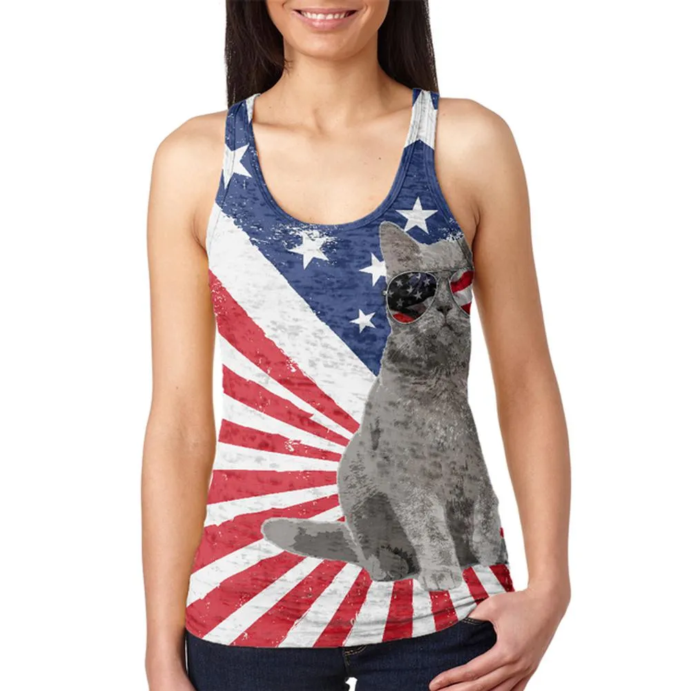 4th Of July Meowica America Patriot Cat Juniors Burnout Racerback Tank Top