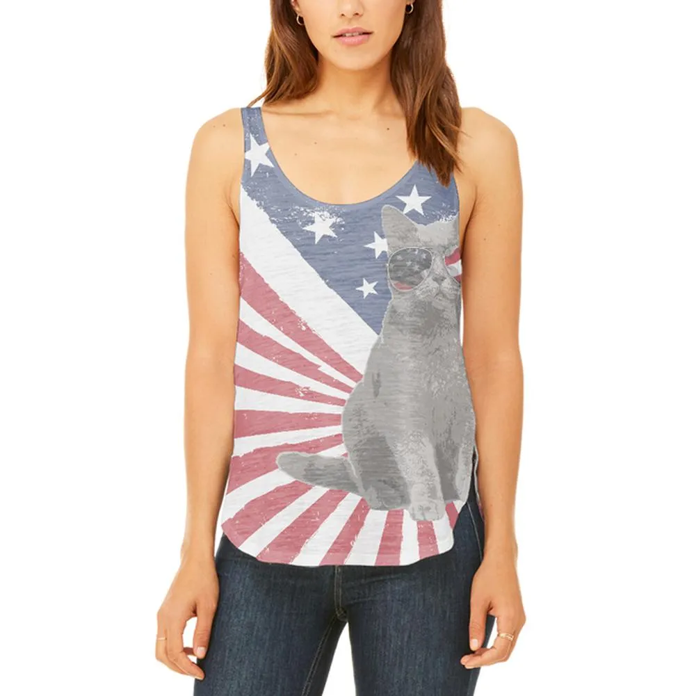 4th Of July Meowica America Patriot Cat Juniors Flowy Side Slit Tank Top